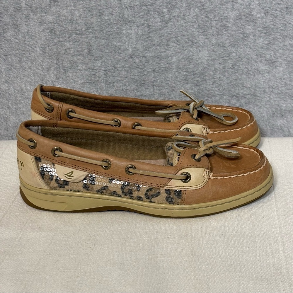 Sperry Top-Sider Angelfish Leopard Sequined Boat Shoes-Brown/Tan-Women Size 6
